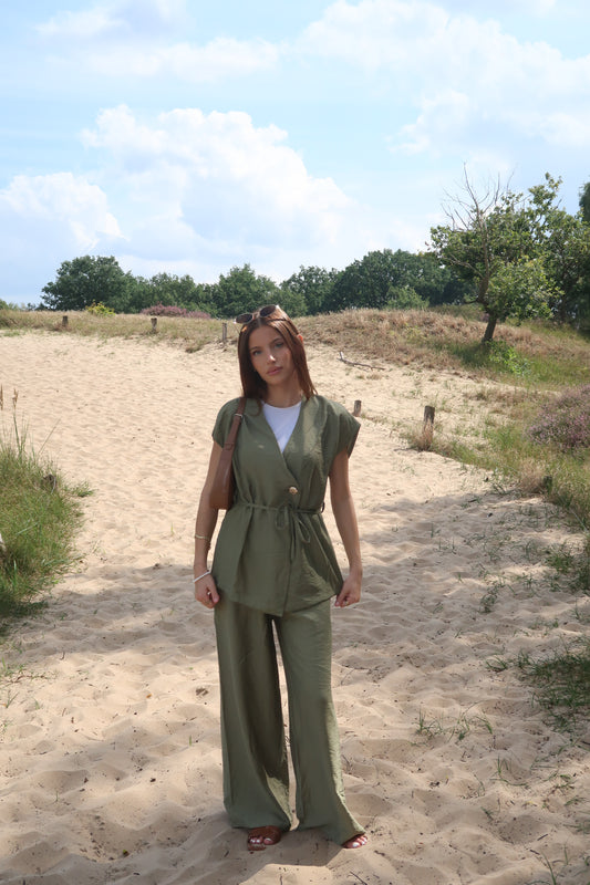 Olive green linen two-piece suit