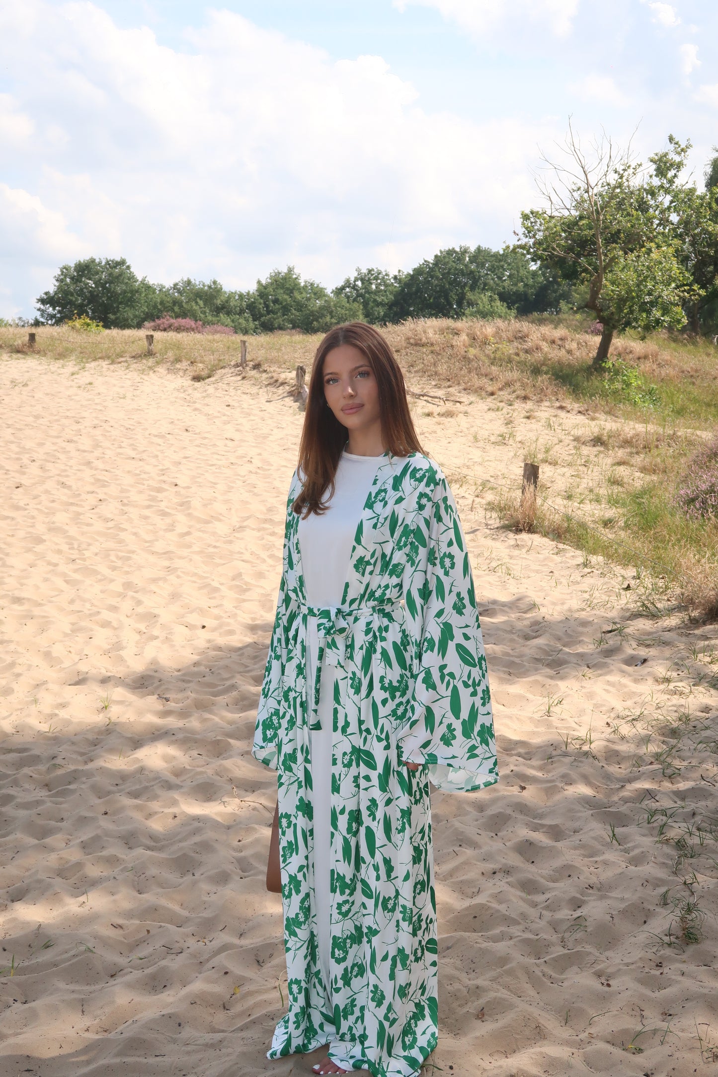 Day dress in white with green pattern and white blouse