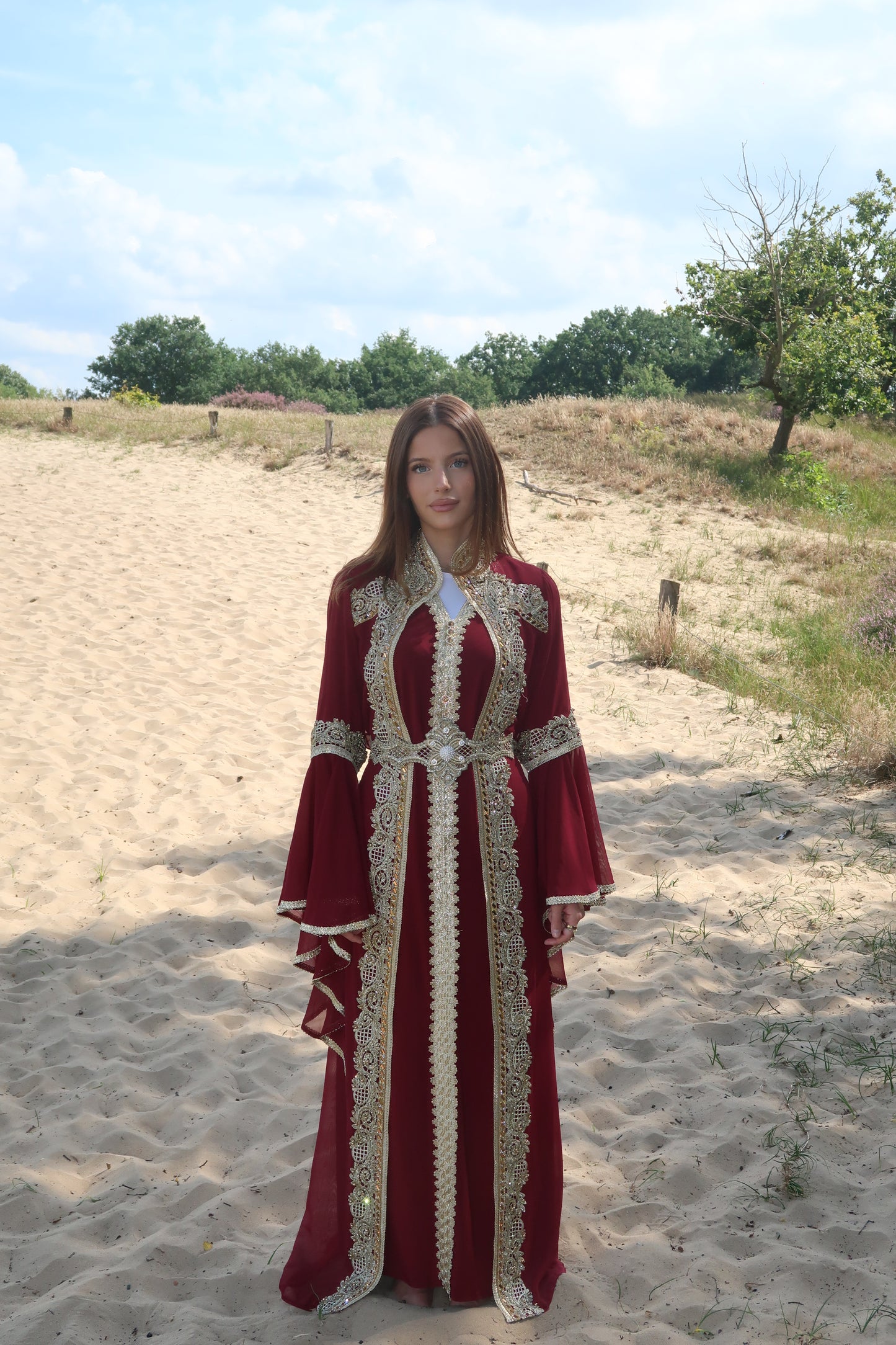 Bordeaux-colored kaftan robe with gold embroidery