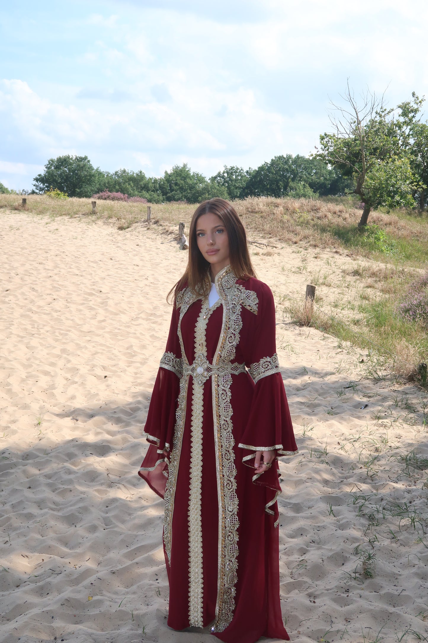 Bordeaux-colored kaftan robe with gold embroidery