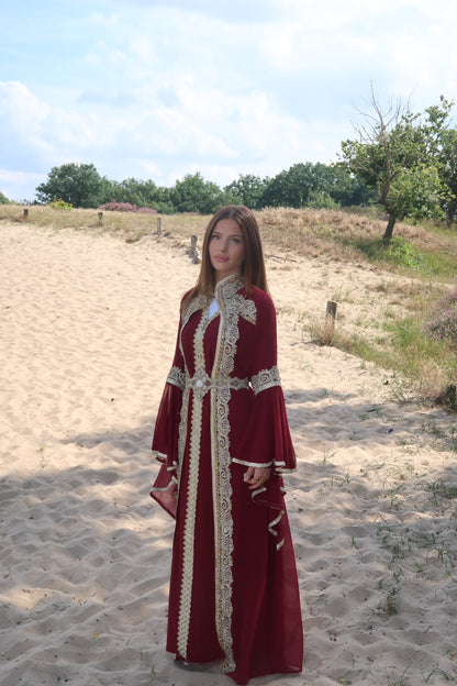 Bordeaux-colored kaftan robe with gold embroidery