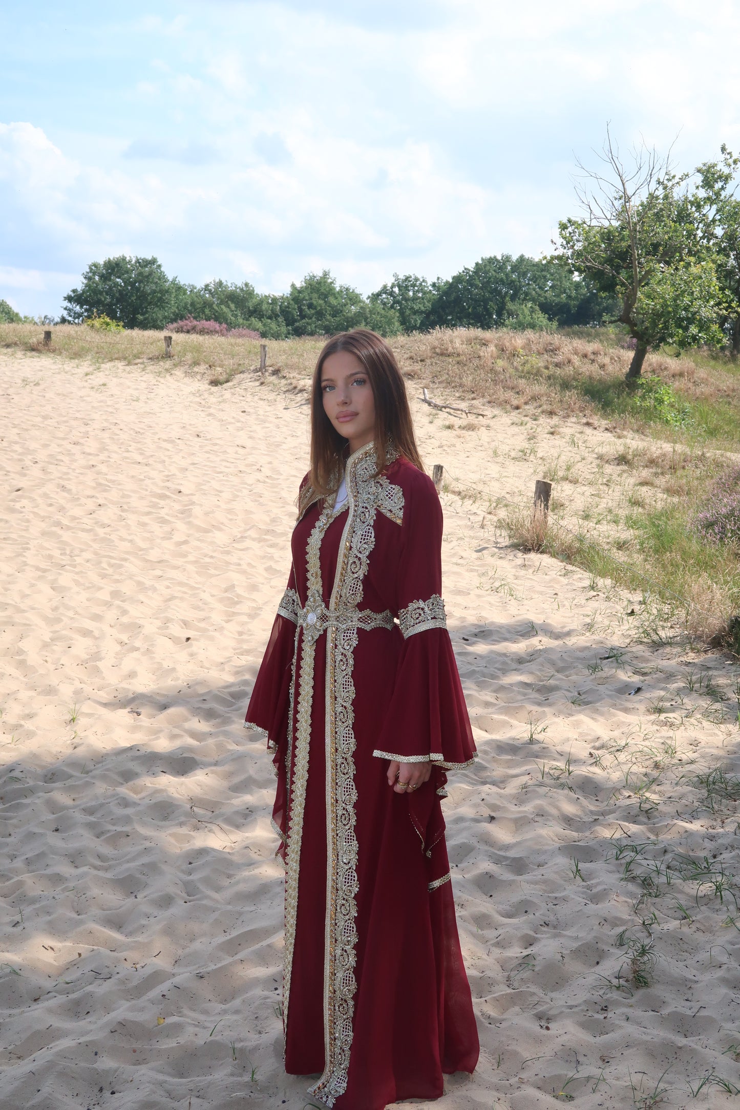 Bordeaux-colored kaftan robe with gold embroidery