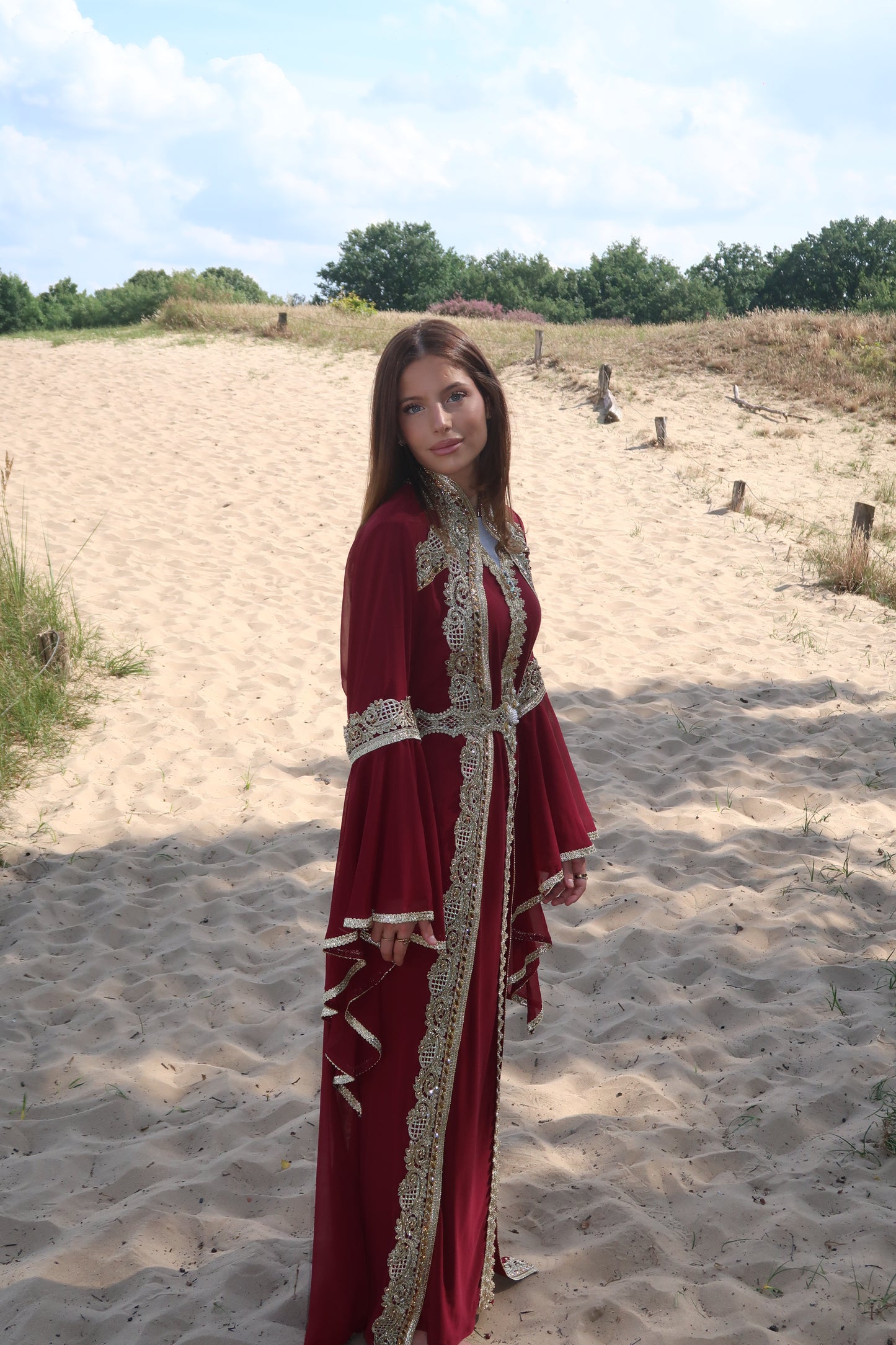 Bordeaux-colored kaftan robe with gold embroidery