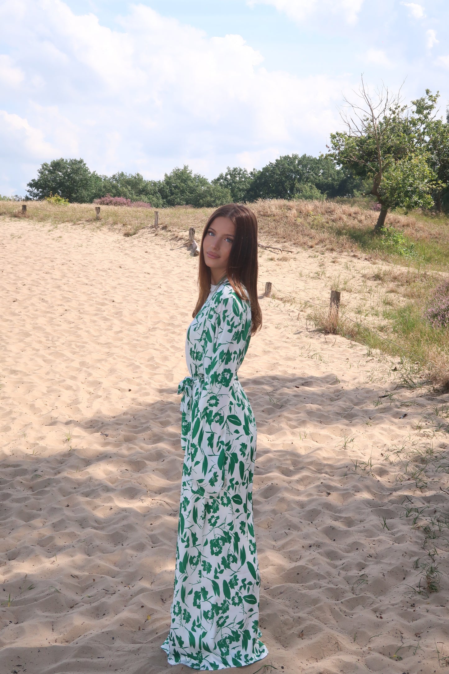 Day dress in white with green pattern and white blouse